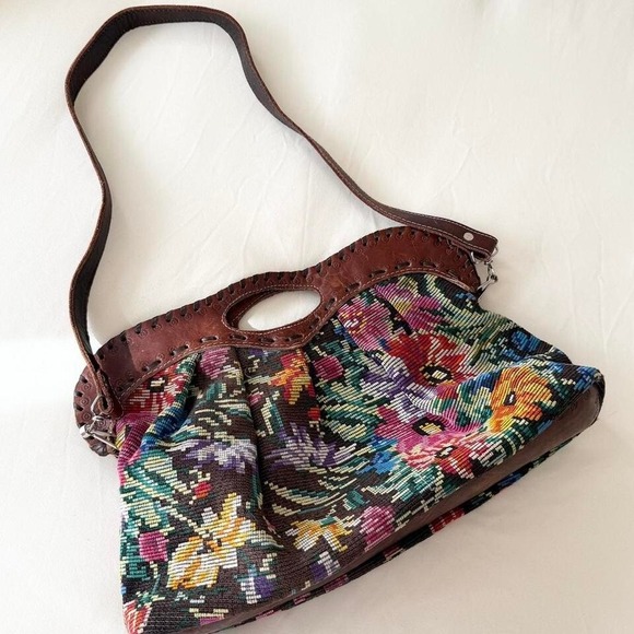 Handbags - vintage floral needlepoint leather shoulder purse
